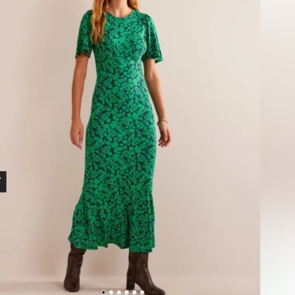 Boden Midi Dress Jersey Knit Flippy Hem Short Sleeve Navy Green Floral Size 12 - Picture 1 of 16